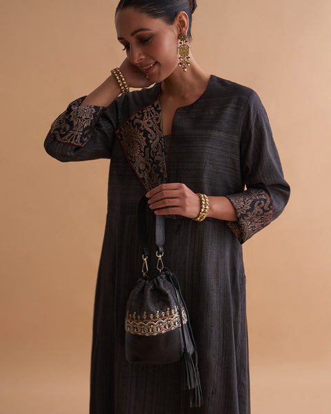 The Noor Potli Bag - Black Kosa Silk & Leather with Zardozi
