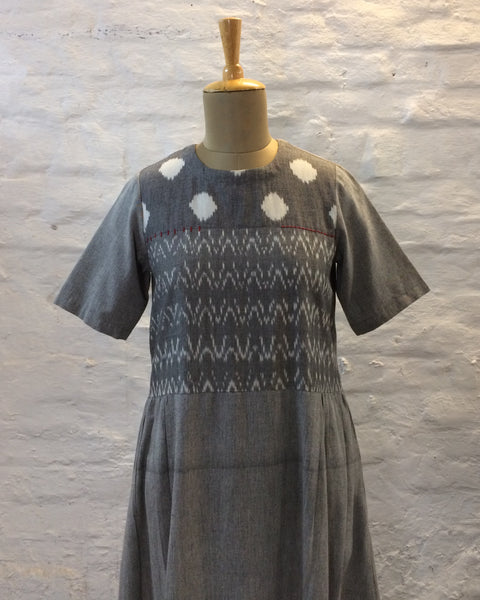 Grey, White & Red Handwoven Cotton & Ikat Dress (XS-S)