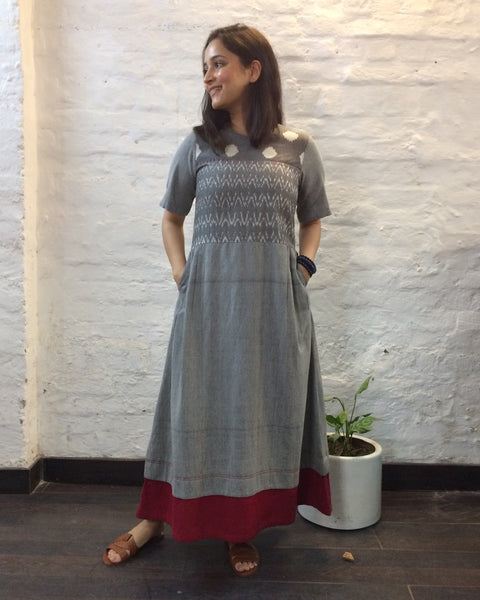Grey, White & Red Handwoven Cotton & Ikat Dress (XS-S)