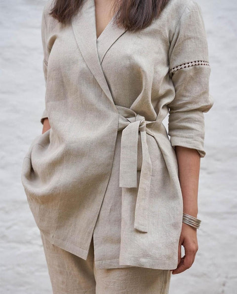 Beige Pure Linen Wrap Jacket and Pant Co-Ord Set With Belt and Lace Detailing (S-M)
