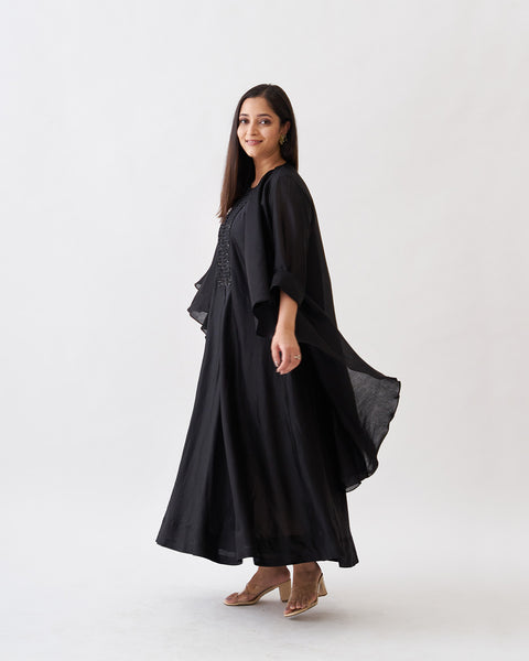 Black Silk Chanderi Sleeveless Tunic with Handwork