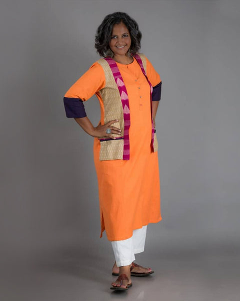 Tangerine Handwoven Cotton Jacket Kurta with Ikat (M-L)