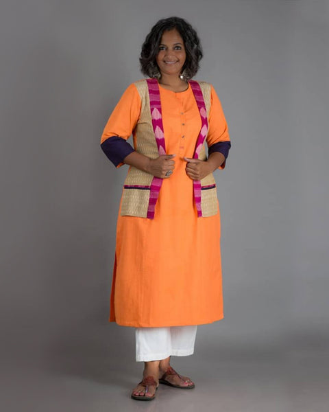 Tangerine Handwoven Cotton Jacket Kurta with Ikat (M-L)