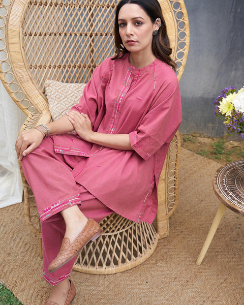 Rose Pink Handwoven Cotton Co-ord Set with Handwork