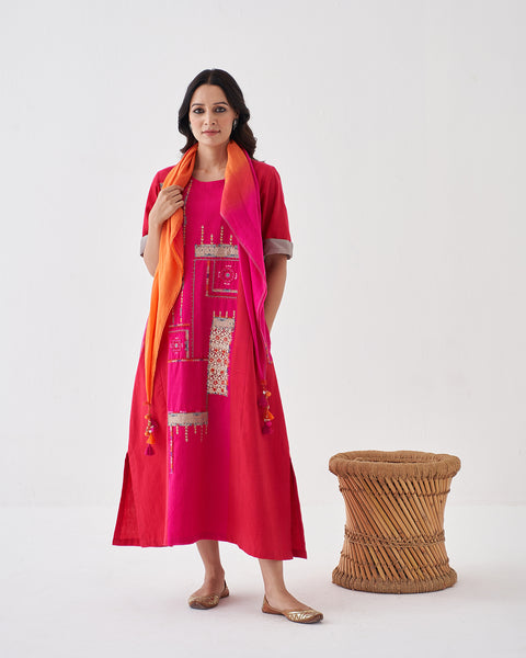 Red & Pink Handwoven Cotton Tunic & Scarf Set