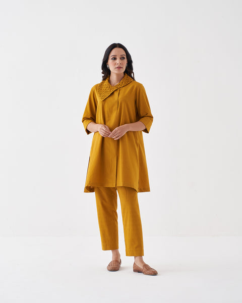 Sun Yellow Handwoven Cotton Co-ord Set with Wrap Collar