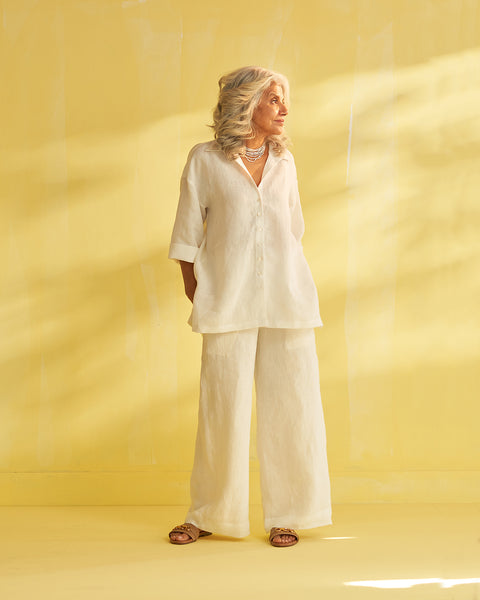 Ivory White Pure Linen Flared Pants