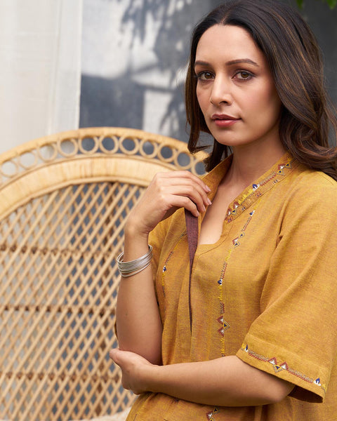 Marigold Handwoven Cotton Kurta with Handwork (M-XL)
