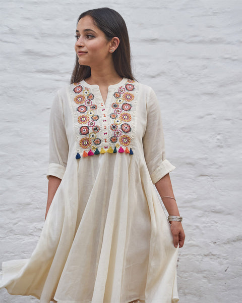 White Blossom Panelled Dress with Handwork and Handmade Tassels