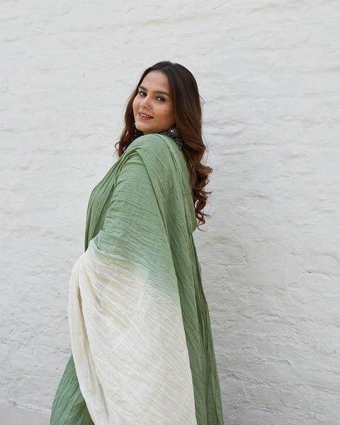 Sage & Off-White Two-Toned Pure Mul Dupatta with Handmade Tassels