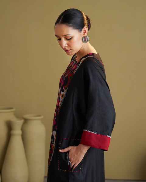 The Black Jewel Silk Cotton & Silk Ikat Kurta & Pants Set