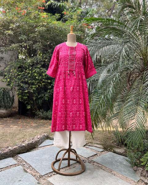 Watermelon Red  Handwoven Ikat Kurta With Handwork (M-L)