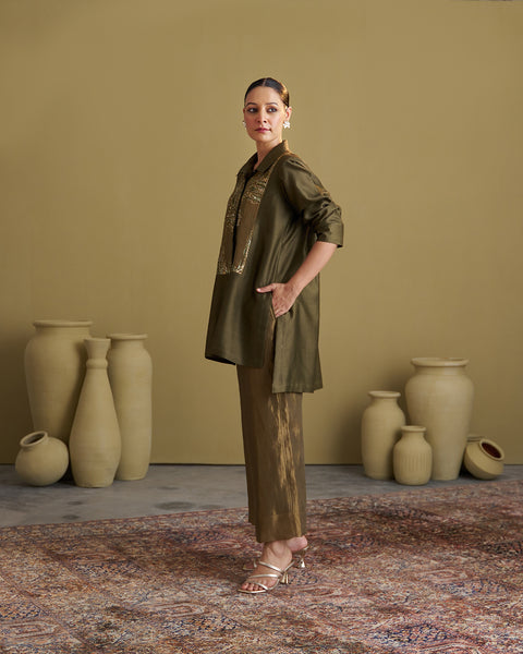 The Olive Green Silk Chanderi Set