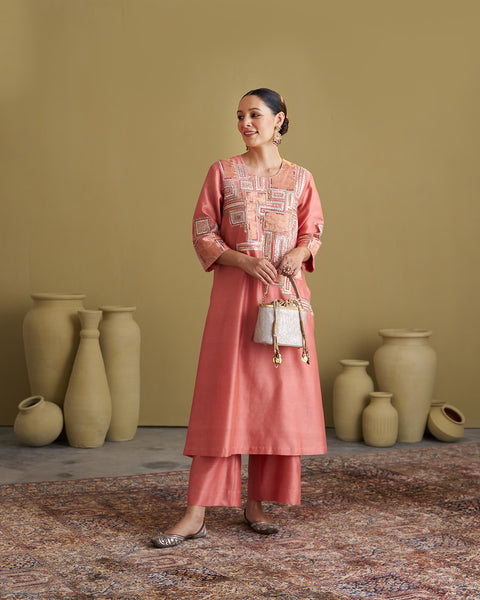 The Peach Silk Chanderi & Banarasi Set with Handwork