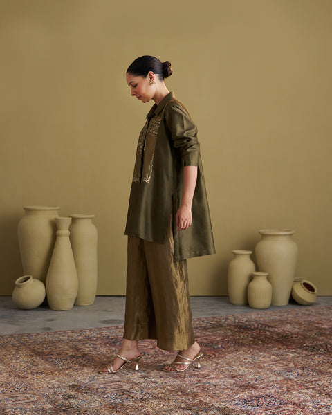 The Olive Green Silk Chanderi Set