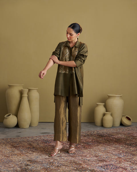 The Olive Green Silk Chanderi Set