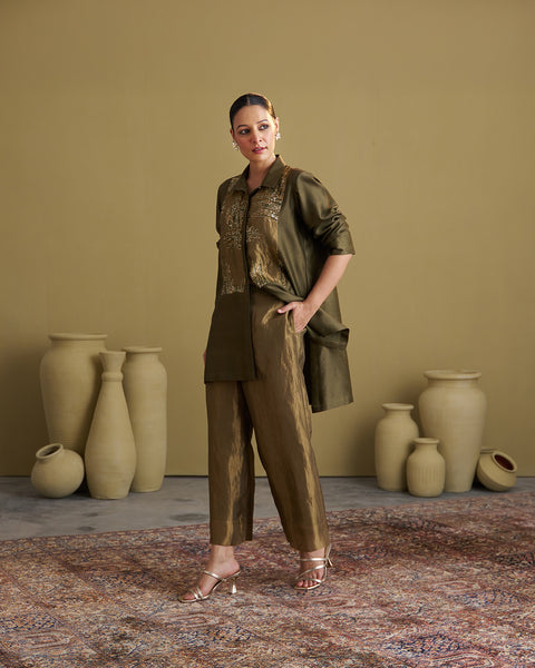 The Olive Green Silk Chanderi Set