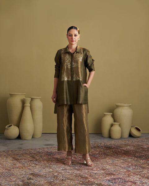 The Olive Green Silk Chanderi Set