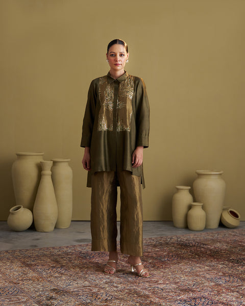 The Olive Green Silk Chanderi Set