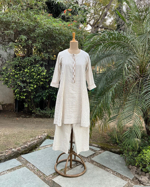 Sandwash Striped Pure Linen Co-ord Set With Handwork