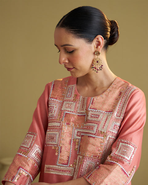 The Peach Silk Chanderi & Banarasi Set with Handwork