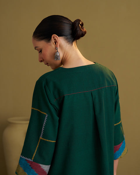 Panna Green Handwoven Cotton & Ikat Set with Handwork