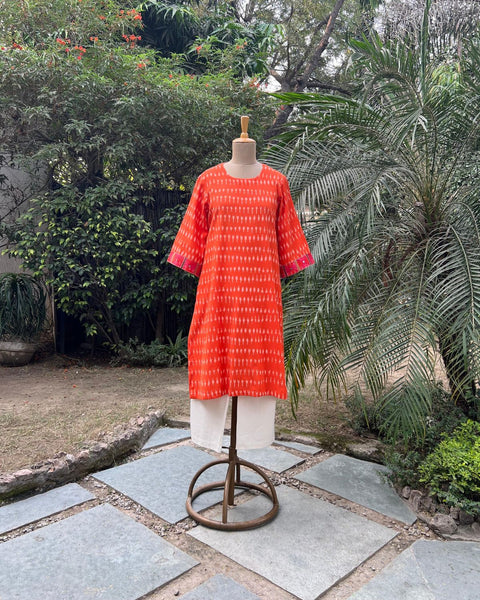 Orange Handwoven Ikat Kurta With Handwork (S-M)