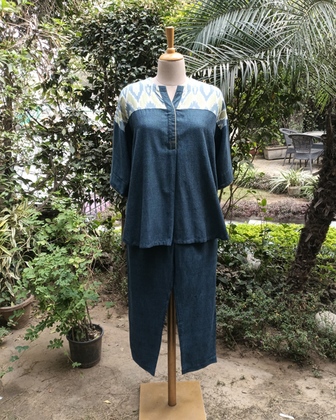 Denim Blue Handwoven Cotton & Ikat Co-ord Set