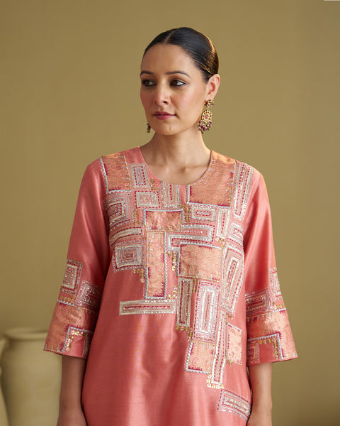 The Peach Silk Chanderi & Banarasi Set with Handwork