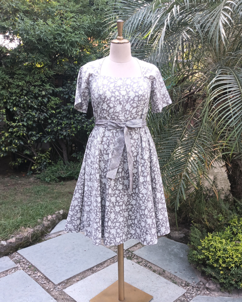 Grey Iris Hand Block Printed Dress with Belt