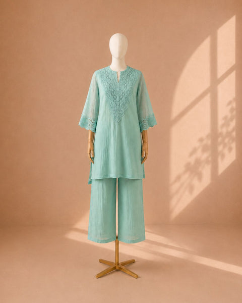 Aqua Blue Mul Chanderi & Lace Set