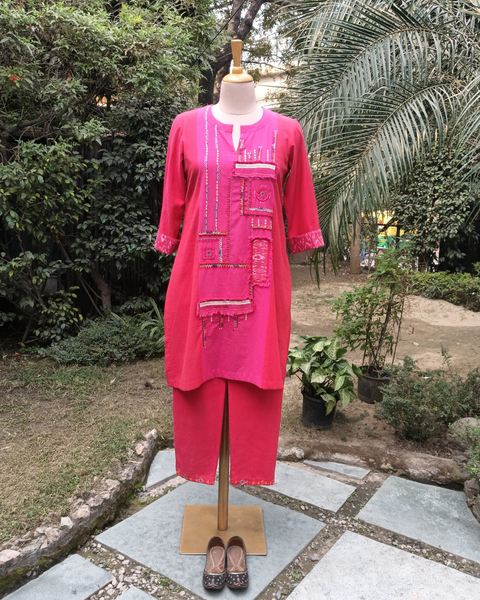 Red & Pink Handwoven Cotton Kurta Set with Handwork