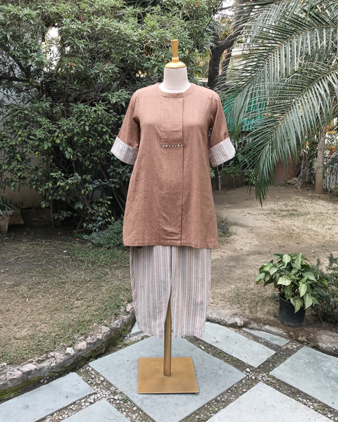 Cinnamon Brown Handwoven Cotton & Striped Co-ord Set