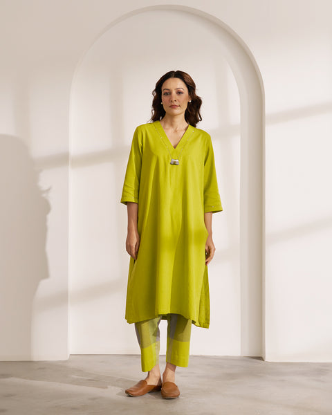 Lime Handwoven Cotton & Check Kurta