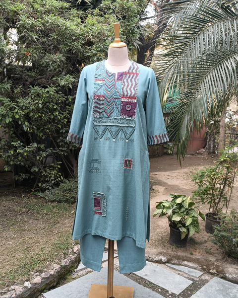 Teal blue Handwoven Cotton Set with Handwork