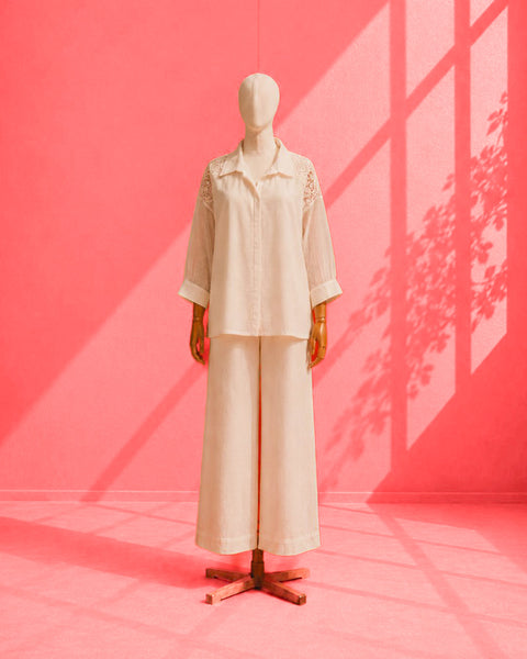 Off-White Mul Chanderi & Lace Shirt