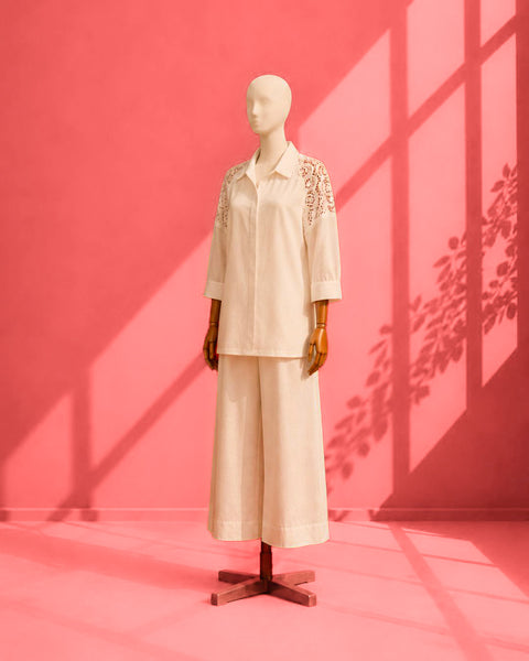 Off-White Mul Chanderi & Lace Shirt