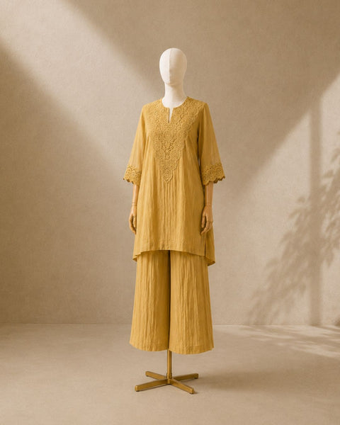 Butter Yellow Mul Chanderi & Lace Set