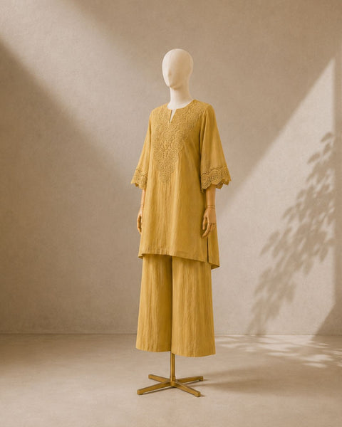 Butter Yellow Mul Chanderi & Lace Set