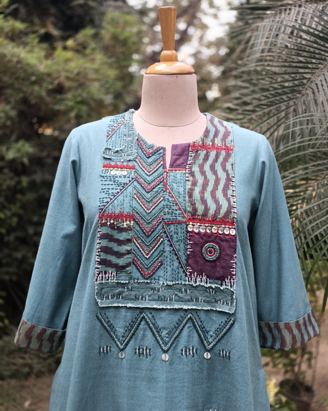 Teal blue Handwoven Cotton Set with Handwork