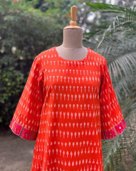 Orange Handwoven Ikat Kurta With Handwork (S-M)