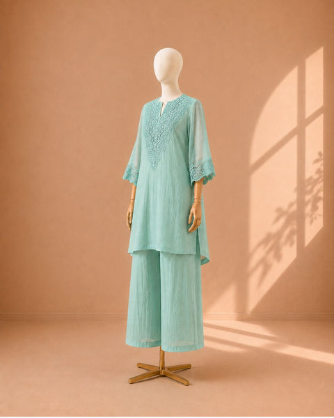 Aqua Blue Mul Chanderi & Lace Set