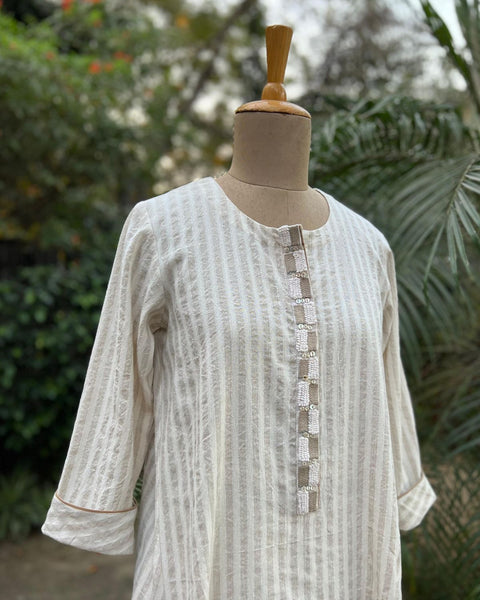 Sandwash Striped Pure Linen Co-ord Set With Handwork