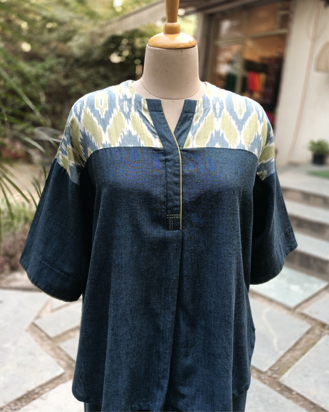 Denim Blue Handwoven Cotton & Ikat Co-ord Set