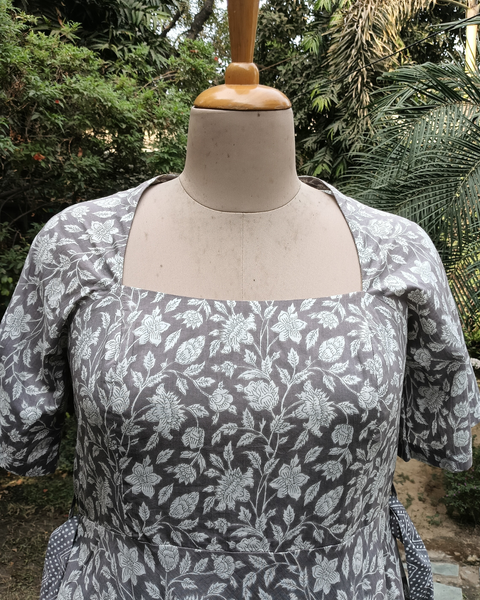 Grey Iris Hand Block Printed Dress with Belt