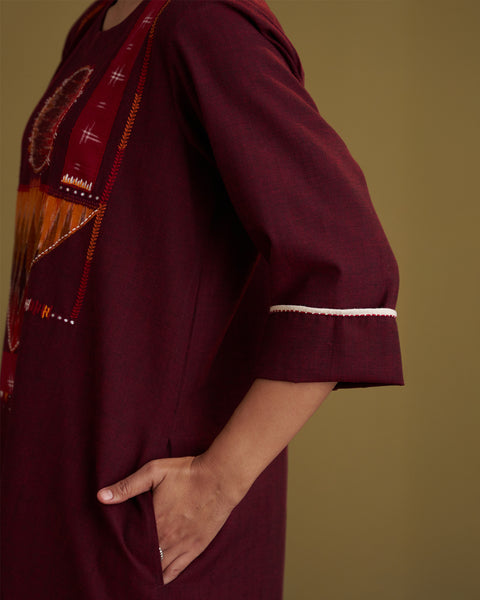 Burgundy Handwoven Cotton & Ikat Kurta with Handwork