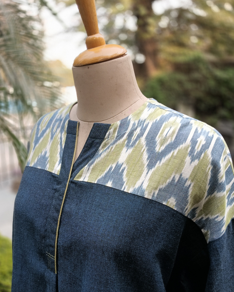 Denim Blue Handwoven Cotton & Ikat Co-ord Set