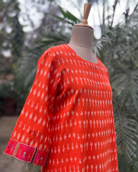 Orange Handwoven Ikat Kurta With Handwork (S-M)