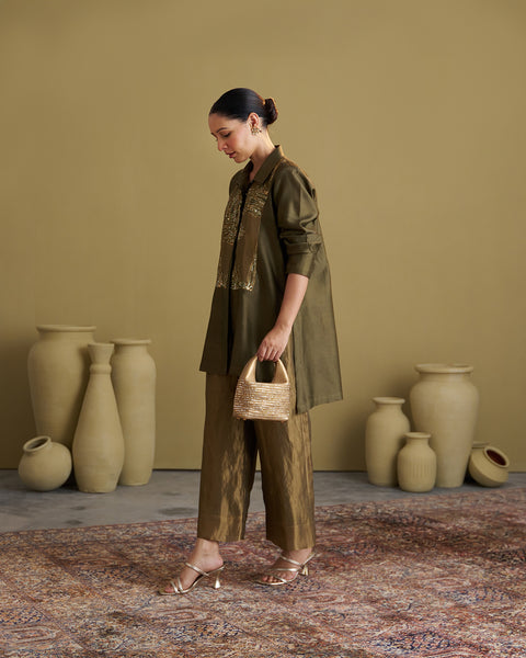 The Olive Green Silk Chanderi Set