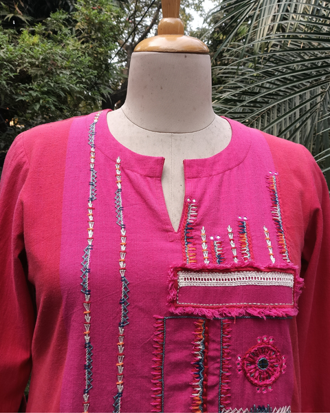 Red & Pink Handwoven Cotton Kurta Set with Handwork
